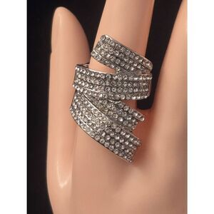 Women's Silver Tone White Rhinestone Elastic Band Ring